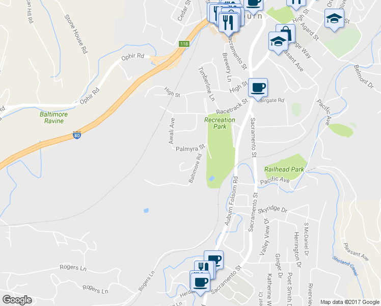 map of restaurants, bars, coffee shops, grocery stores, and more near 135 Palmyra Street in Auburn