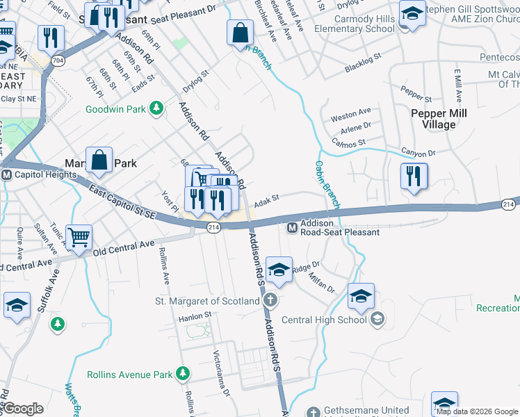 map of restaurants, bars, coffee shops, grocery stores, and more near 6405 Adak Street in Capitol Heights