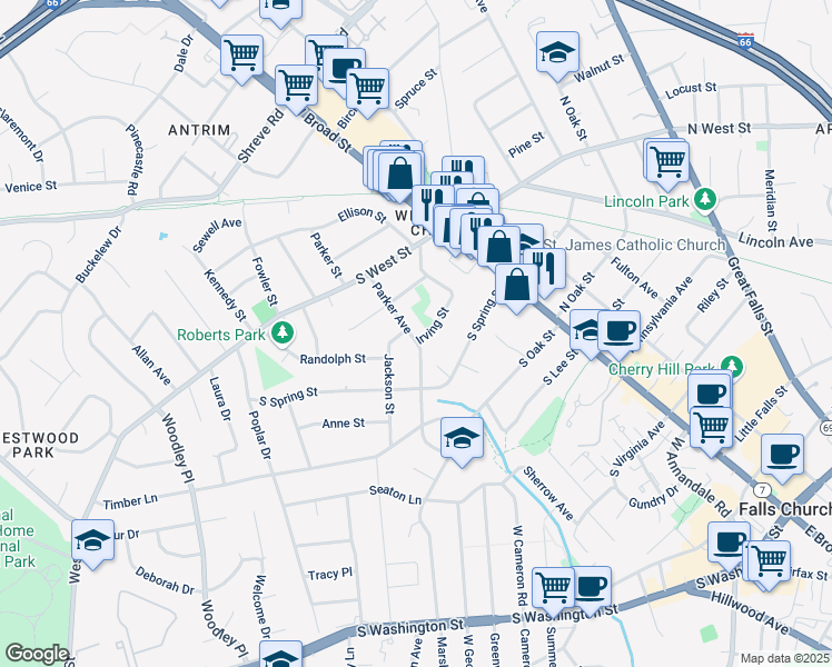 map of restaurants, bars, coffee shops, grocery stores, and more near 712 Parker Avenue in Falls Church