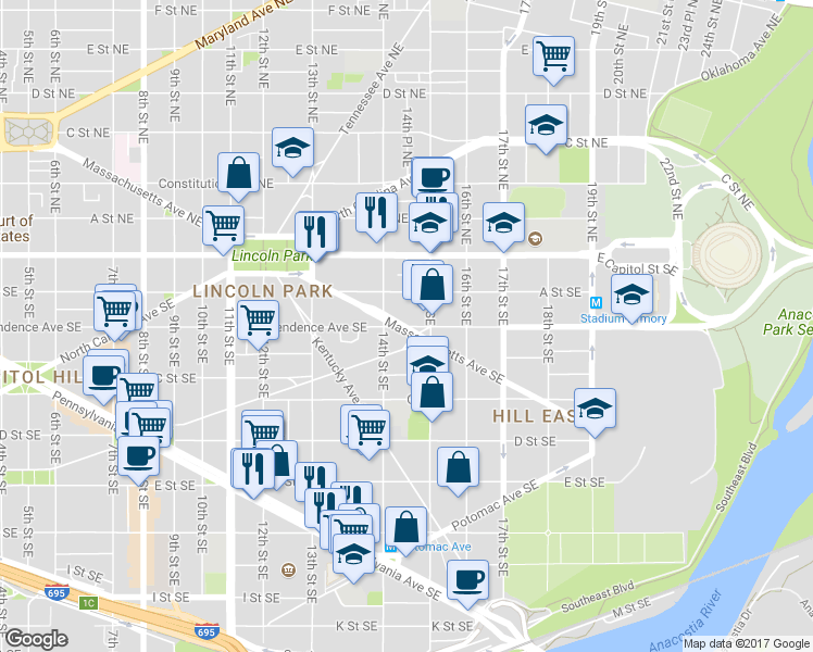 map of restaurants, bars, coffee shops, grocery stores, and more near Massachusetts Avenue Southeast & Independence Avenue Southeast in Washington