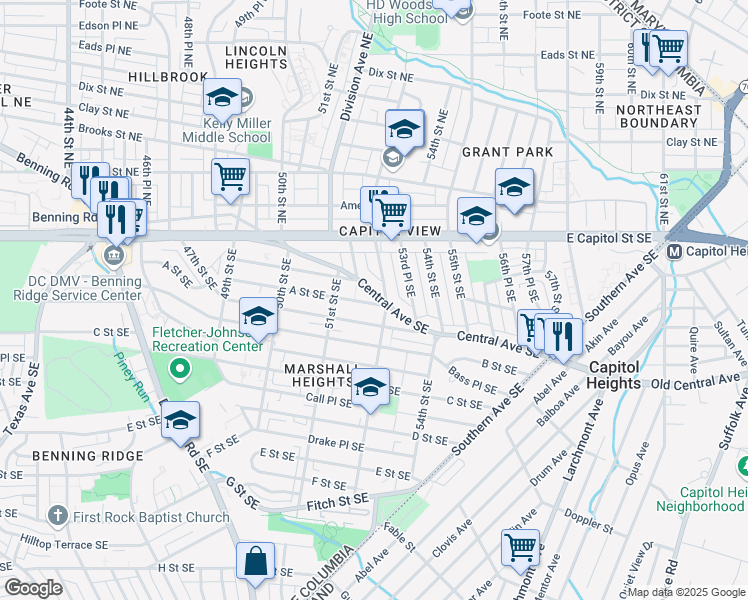 map of restaurants, bars, coffee shops, grocery stores, and more near 5231 Central Avenue Southeast in Washington