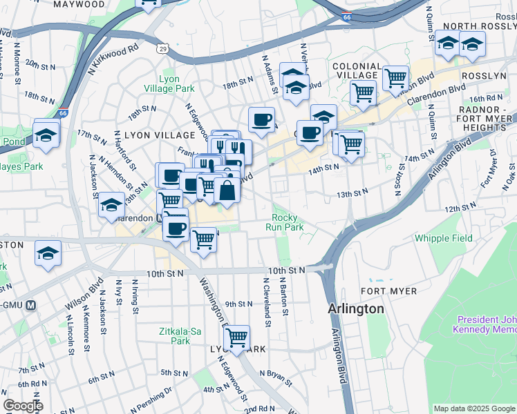 map of restaurants, bars, coffee shops, grocery stores, and more near 2532 Fairfax Drive in Arlington