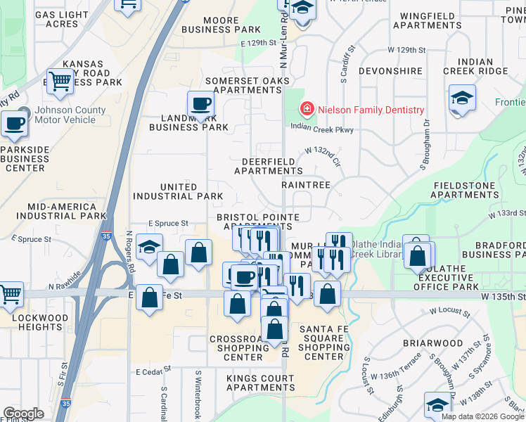 map of restaurants, bars, coffee shops, grocery stores, and more near 533 North Somerset Terrace in Olathe