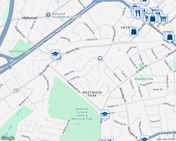 map of restaurants, bars, coffee shops, grocery stores, and more near 7410 Tower Street in Falls Church