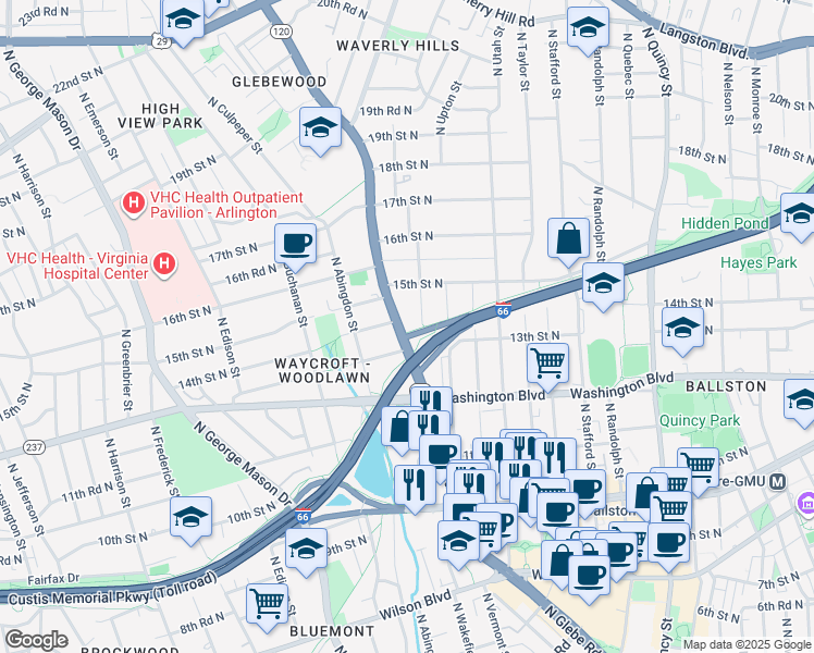 map of restaurants, bars, coffee shops, grocery stores, and more near 1309 North Glebe Road in Arlington