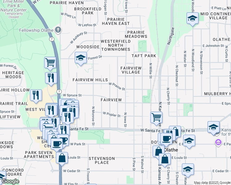 map of restaurants, bars, coffee shops, grocery stores, and more near 435 North Lincoln Street in Olathe