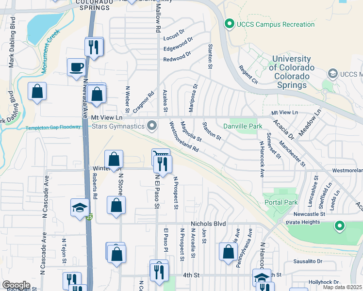 map of restaurants, bars, coffee shops, grocery stores, and more near 921 Westmoreland Road in Colorado Springs