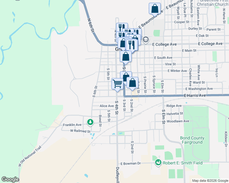 map of restaurants, bars, coffee shops, grocery stores, and more near 603 South 4th Street in Greenville