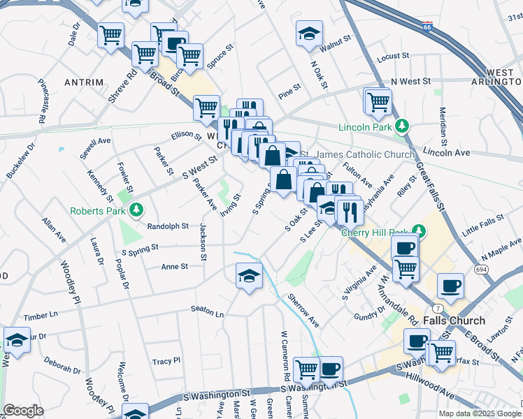 map of restaurants, bars, coffee shops, grocery stores, and more near 117 South Spring Street in Falls Church