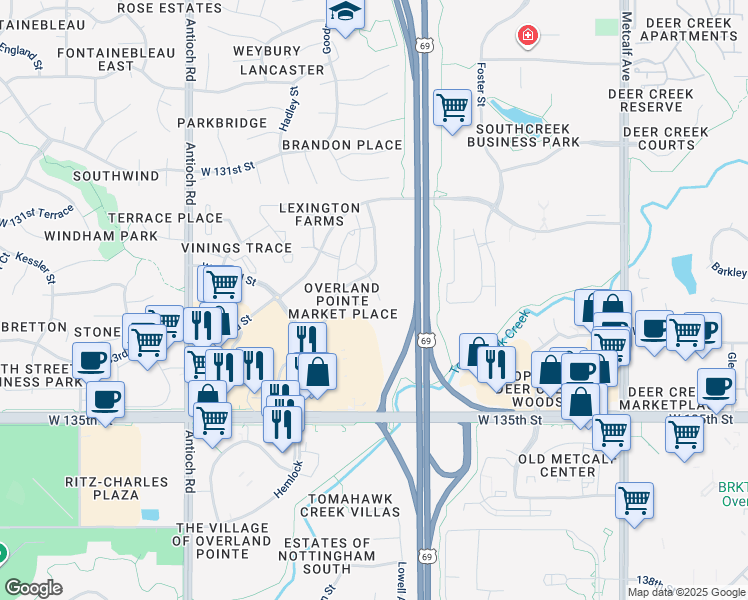 map of restaurants, bars, coffee shops, grocery stores, and more near 7941 132nd Court in Overland Park