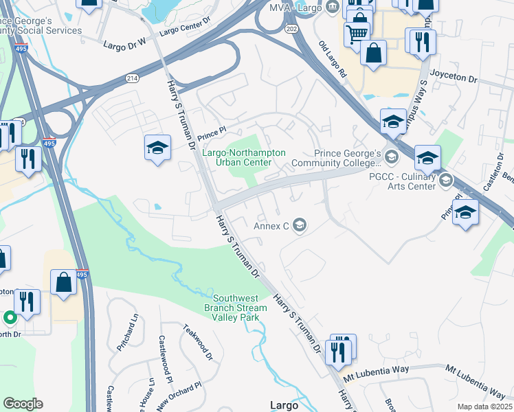 map of restaurants, bars, coffee shops, grocery stores, and more near 9969 Campus Way South in Largo
