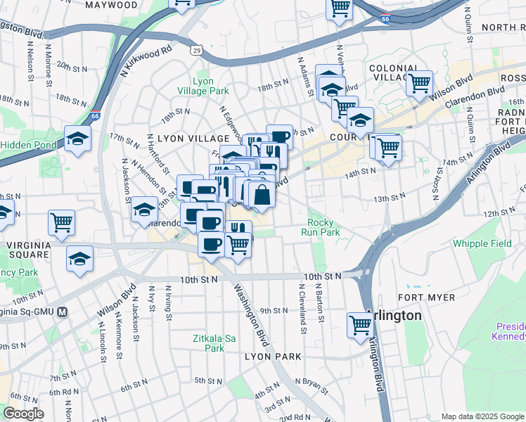 map of restaurants, bars, coffee shops, grocery stores, and more near 2700 Clarendon Boulevard in Arlington