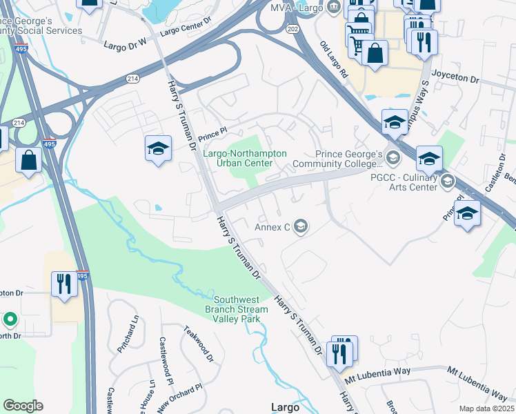 map of restaurants, bars, coffee shops, grocery stores, and more near 9969 Campus Way South in Largo