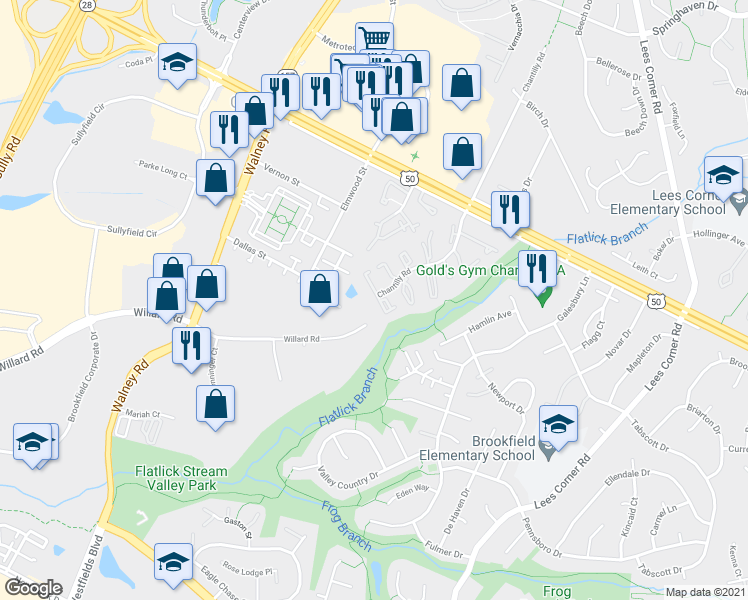 map of restaurants, bars, coffee shops, grocery stores, and more near 4187 Pleasant Meadow Court in Chantilly
