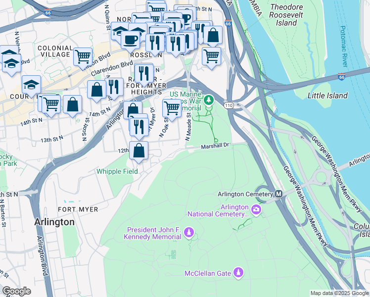 map of restaurants, bars, coffee shops, grocery stores, and more near 310 North Marshall Drive in Arlington