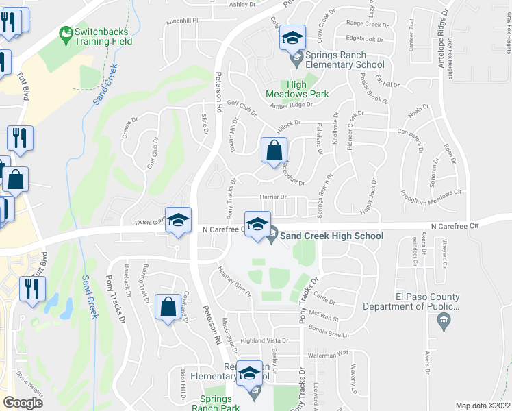 map of restaurants, bars, coffee shops, grocery stores, and more near 6823 Harrier Drive in Colorado Springs