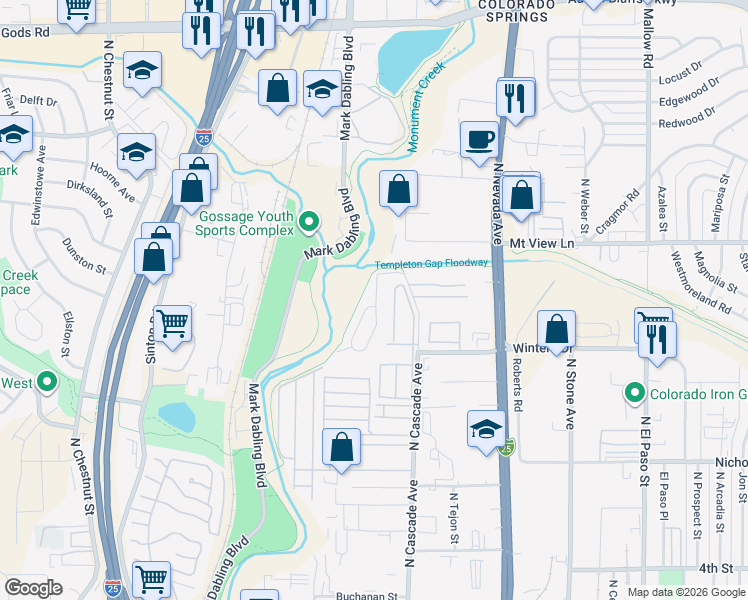 map of restaurants, bars, coffee shops, grocery stores, and more near 3834 North Cascade Avenue in Colorado Springs