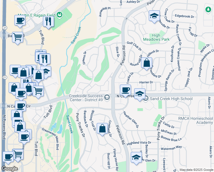 map of restaurants, bars, coffee shops, grocery stores, and more near 3731 Riviera Grove in Colorado Springs