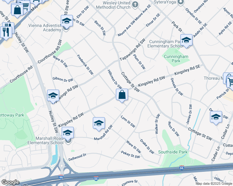 map of restaurants, bars, coffee shops, grocery stores, and more near 923 Frederick Street Southwest in Vienna