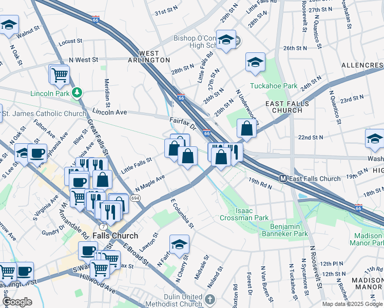 map of restaurants, bars, coffee shops, grocery stores, and more near 6950 Little Falls Rd in Arlington