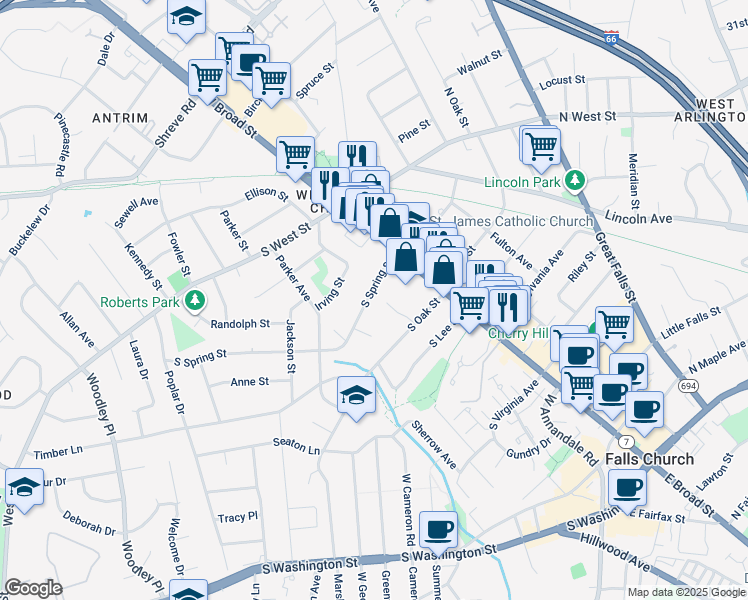 map of restaurants, bars, coffee shops, grocery stores, and more near 117 South Spring Street in Falls Church