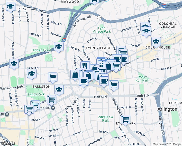 map of restaurants, bars, coffee shops, grocery stores, and more near 1200 North Herndon Street in Arlington