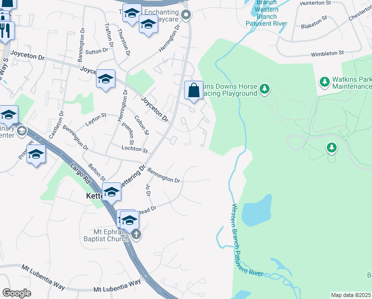 map of restaurants, bars, coffee shops, grocery stores, and more near 150 Firethorn Court in Upper Marlboro