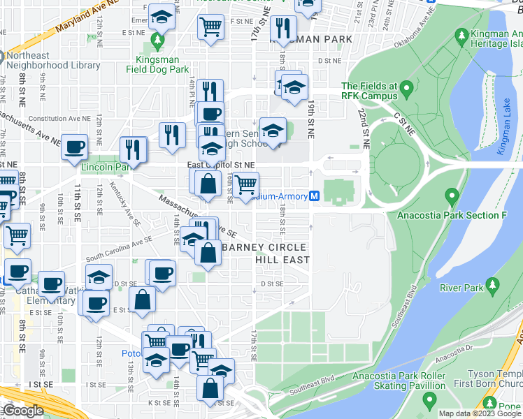 map of restaurants, bars, coffee shops, grocery stores, and more near 1712 Independence Avenue Southeast in Washington