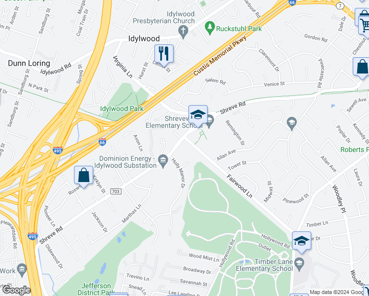 map of restaurants, bars, coffee shops, grocery stores, and more near 7621 Shreve Road in Falls Church