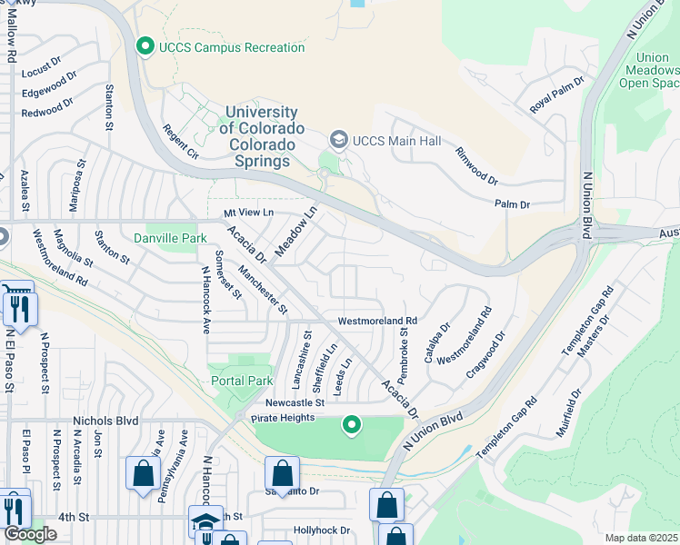 map of restaurants, bars, coffee shops, grocery stores, and more near 1429 Columbine Road in Colorado Springs