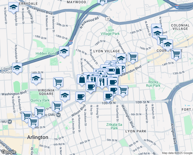 map of restaurants, bars, coffee shops, grocery stores, and more near 1221 North Hudson Street in Arlington