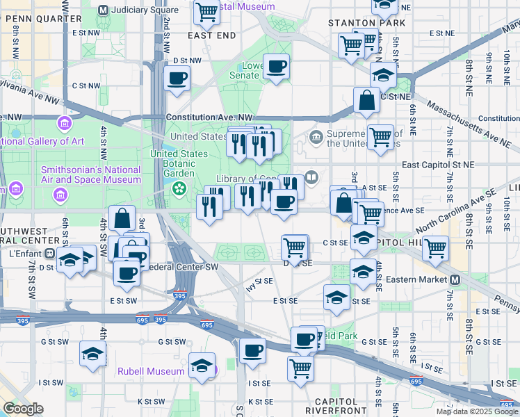 map of restaurants, bars, coffee shops, grocery stores, and more near in Washington