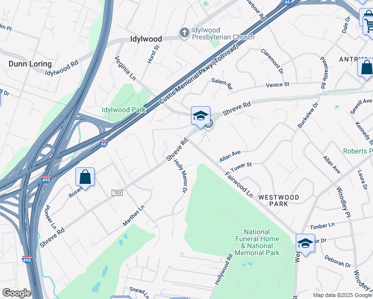 map of restaurants, bars, coffee shops, grocery stores, and more near 7621 Shreve Road in Falls Church