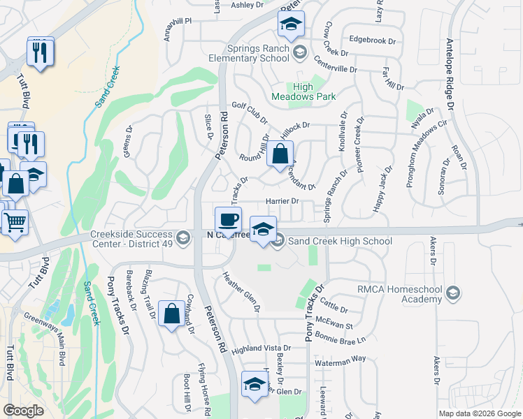 map of restaurants, bars, coffee shops, grocery stores, and more near 6823 Harrier Drive in Colorado Springs