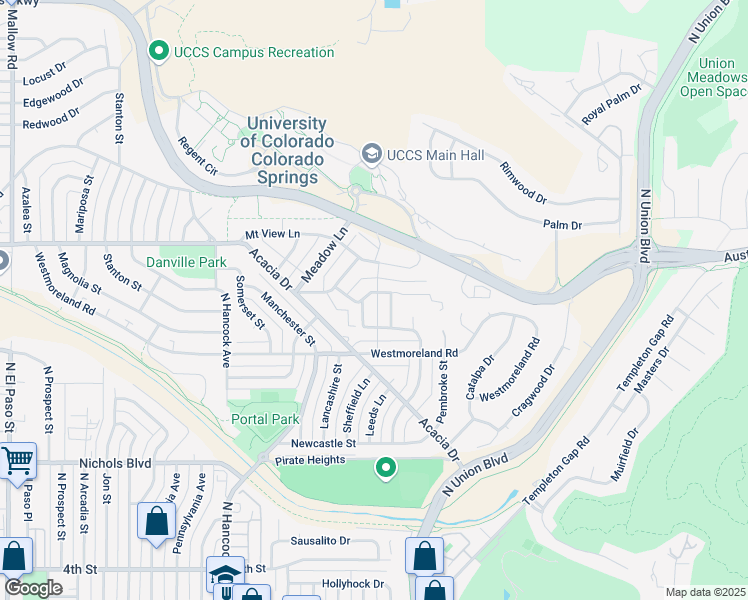 map of restaurants, bars, coffee shops, grocery stores, and more near 1429 Columbine Road in Colorado Springs