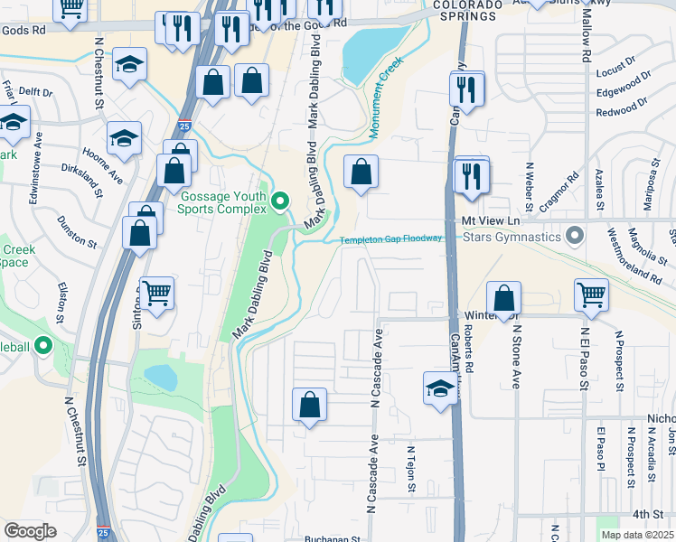 map of restaurants, bars, coffee shops, grocery stores, and more near 3834 North Cascade Avenue in Colorado Springs