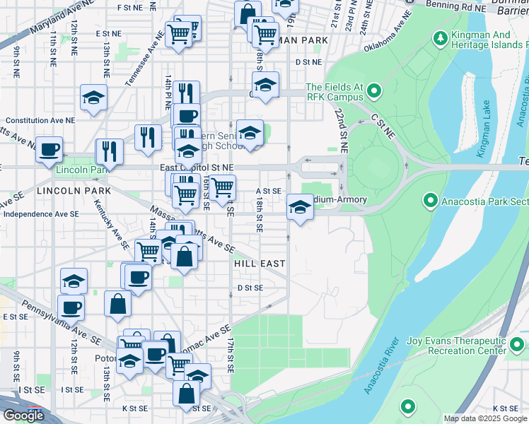 map of restaurants, bars, coffee shops, grocery stores, and more near 101 Independence Avenue Southeast in Washington
