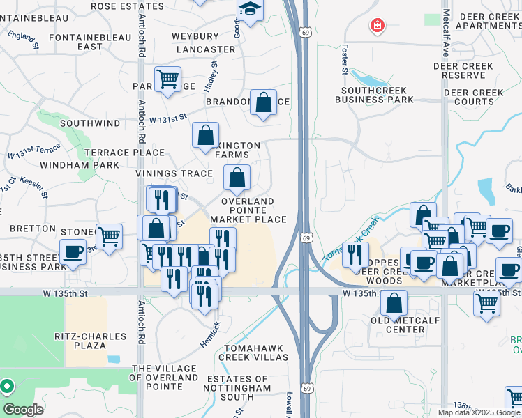 map of restaurants, bars, coffee shops, grocery stores, and more near 7941 132nd Court in Overland Park