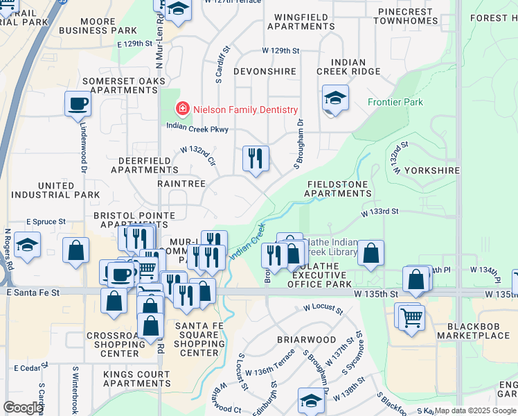 map of restaurants, bars, coffee shops, grocery stores, and more near 13209 South Brougham Drive in Olathe