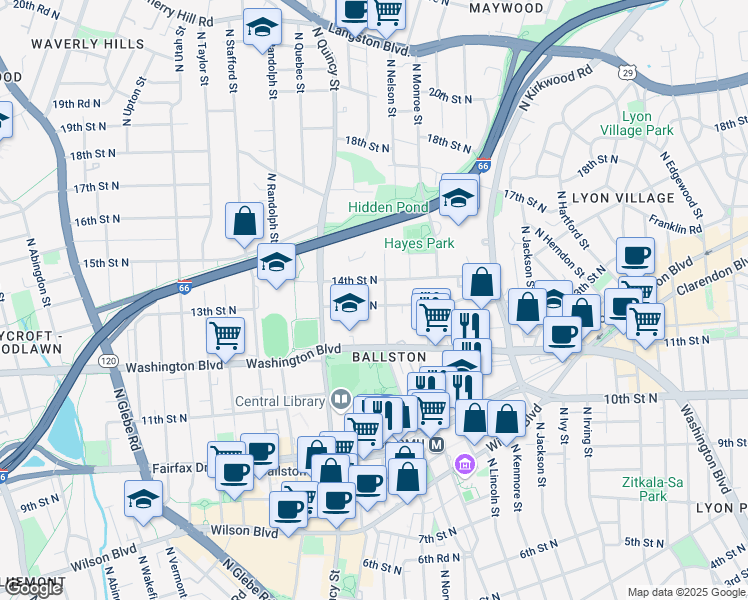 map of restaurants, bars, coffee shops, grocery stores, and more near 3709 13th Street North in Arlington