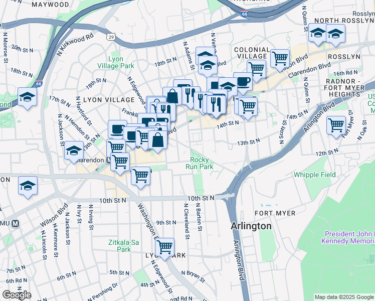 map of restaurants, bars, coffee shops, grocery stores, and more near 2500 Fairfax Drive in Arlington
