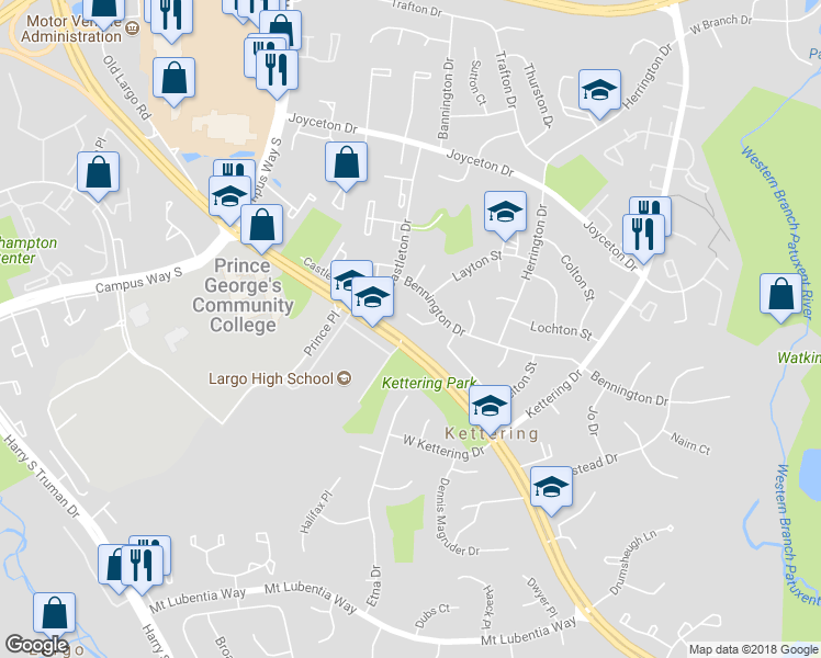map of restaurants, bars, coffee shops, grocery stores, and more near 10907 Exeter Court in Upper Marlboro