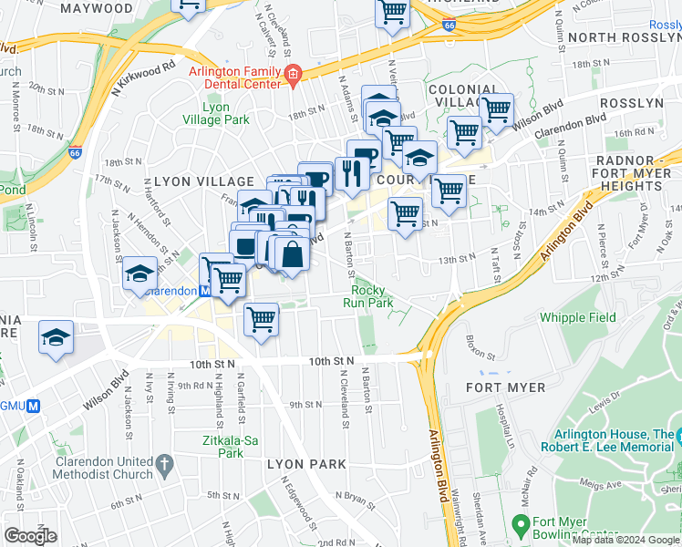 map of restaurants, bars, coffee shops, grocery stores, and more near 2542 Fairfax Drive in Arlington