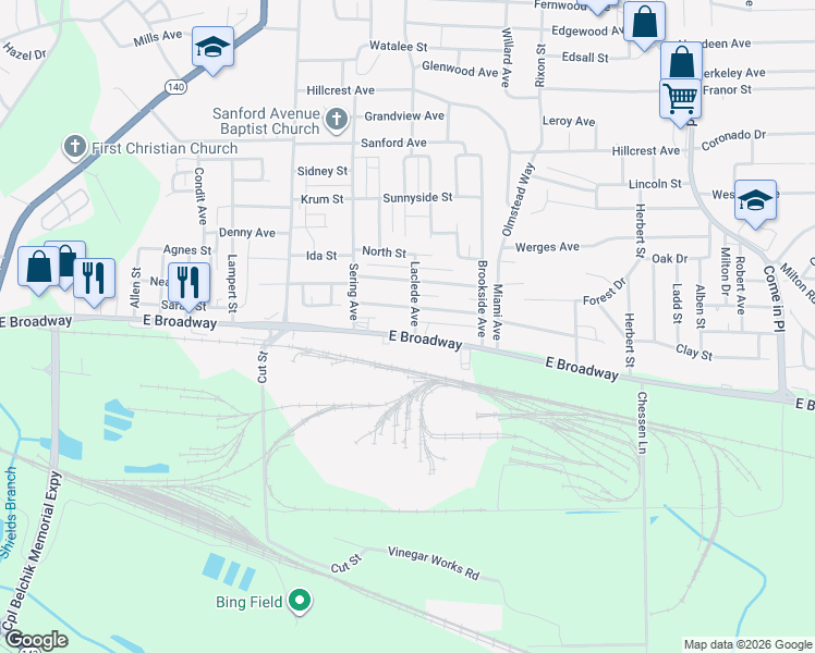 map of restaurants, bars, coffee shops, grocery stores, and more near 2728 East Broadway in Alton