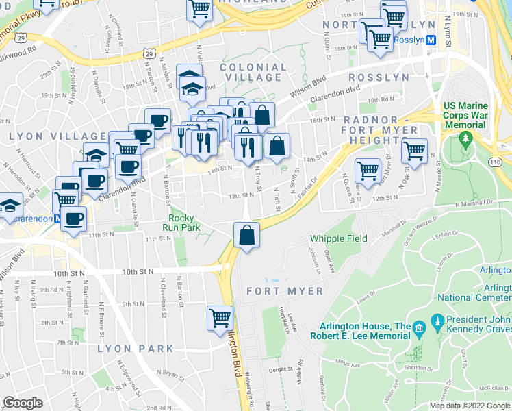 map of restaurants, bars, coffee shops, grocery stores, and more near 1218 North Troy Street in Arlington