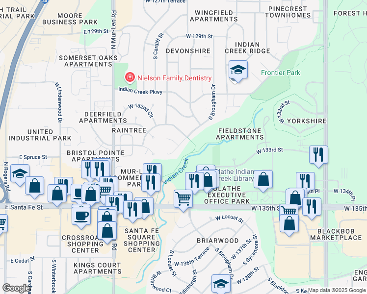 map of restaurants, bars, coffee shops, grocery stores, and more near 13209 South Brougham Drive in Olathe