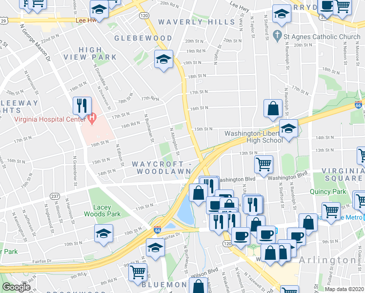 map of restaurants, bars, coffee shops, grocery stores, and more near 4635 14th Street North in Arlington