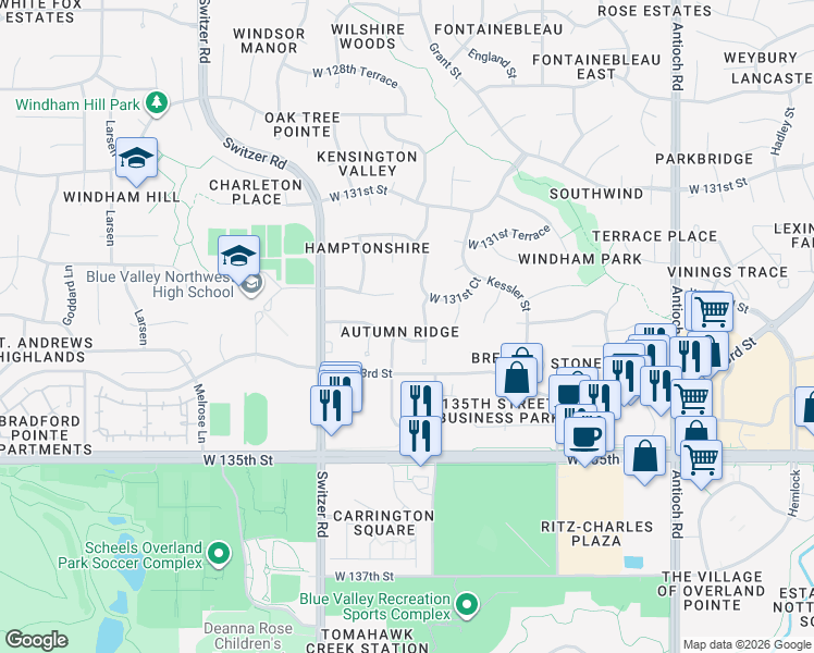 map of restaurants, bars, coffee shops, grocery stores, and more near 13220 Carter Street in Overland Park
