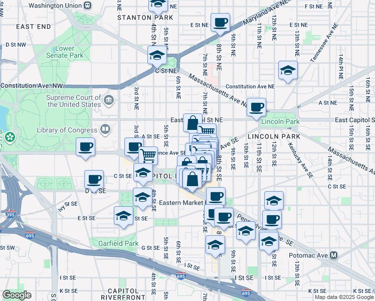 map of restaurants, bars, coffee shops, grocery stores, and more near 626 Independence Avenue Southeast in Washington