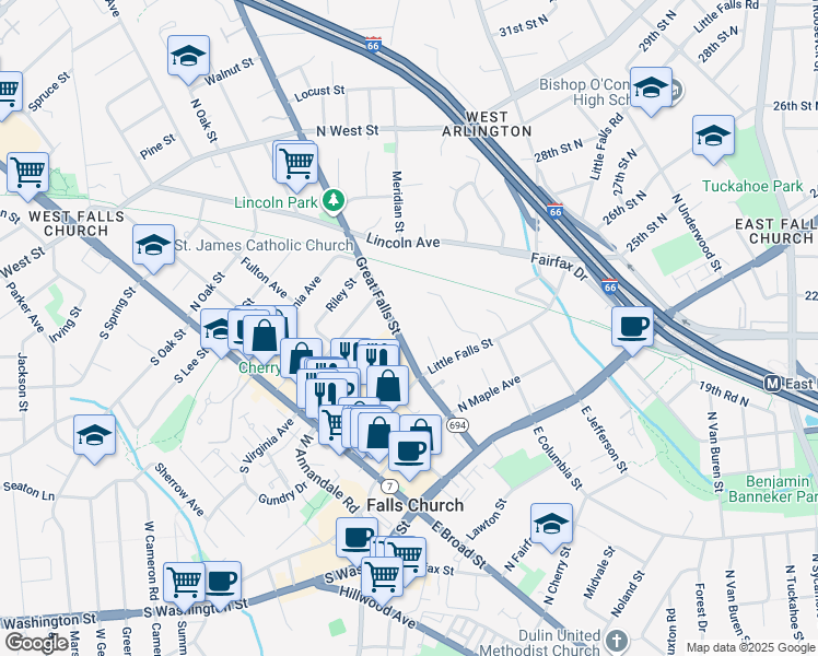 map of restaurants, bars, coffee shops, grocery stores, and more near 404 Great Falls Street in Falls Church